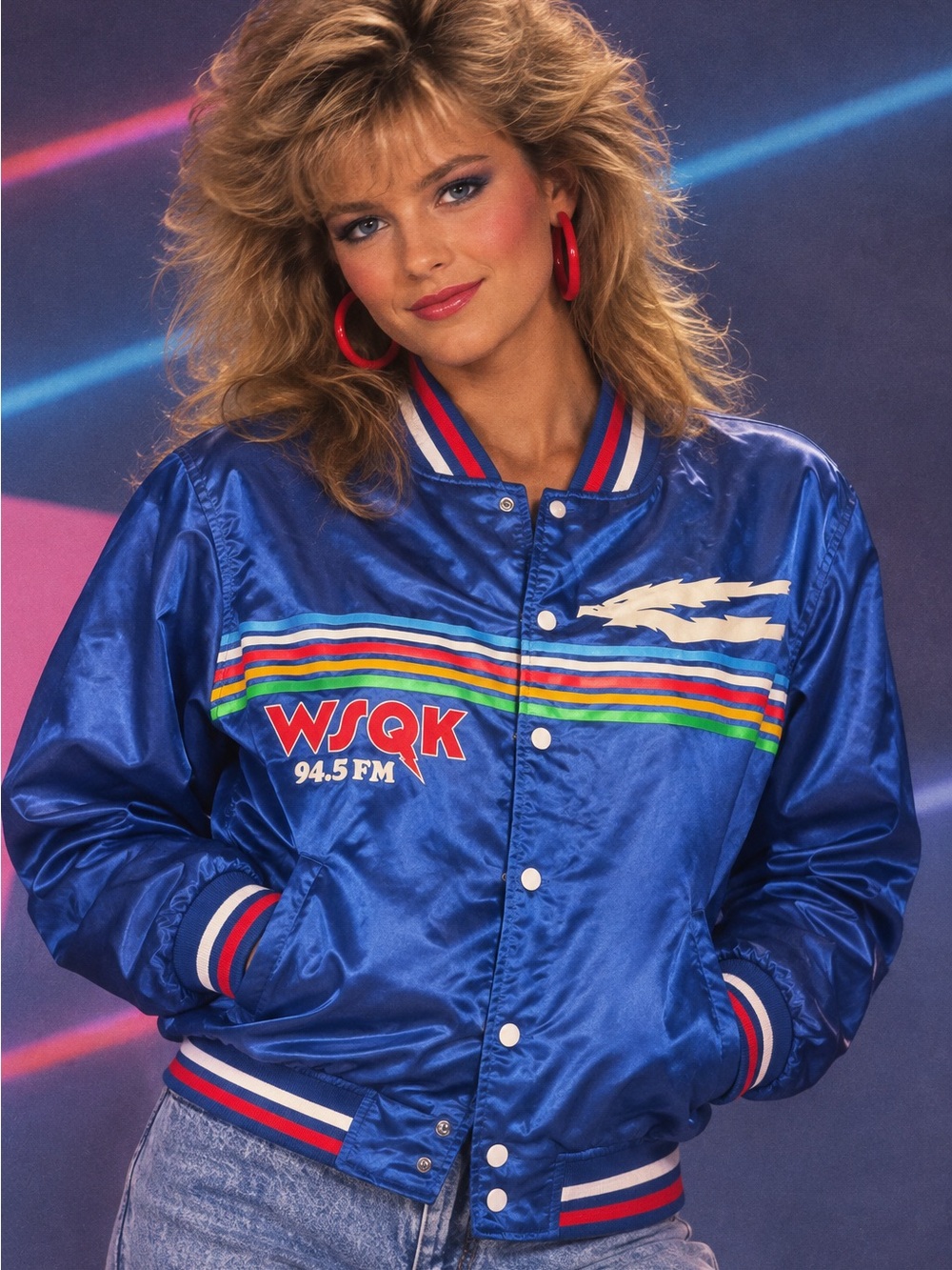 WSQK 94.5 FM Blue Satin Retro Bomber Jacket